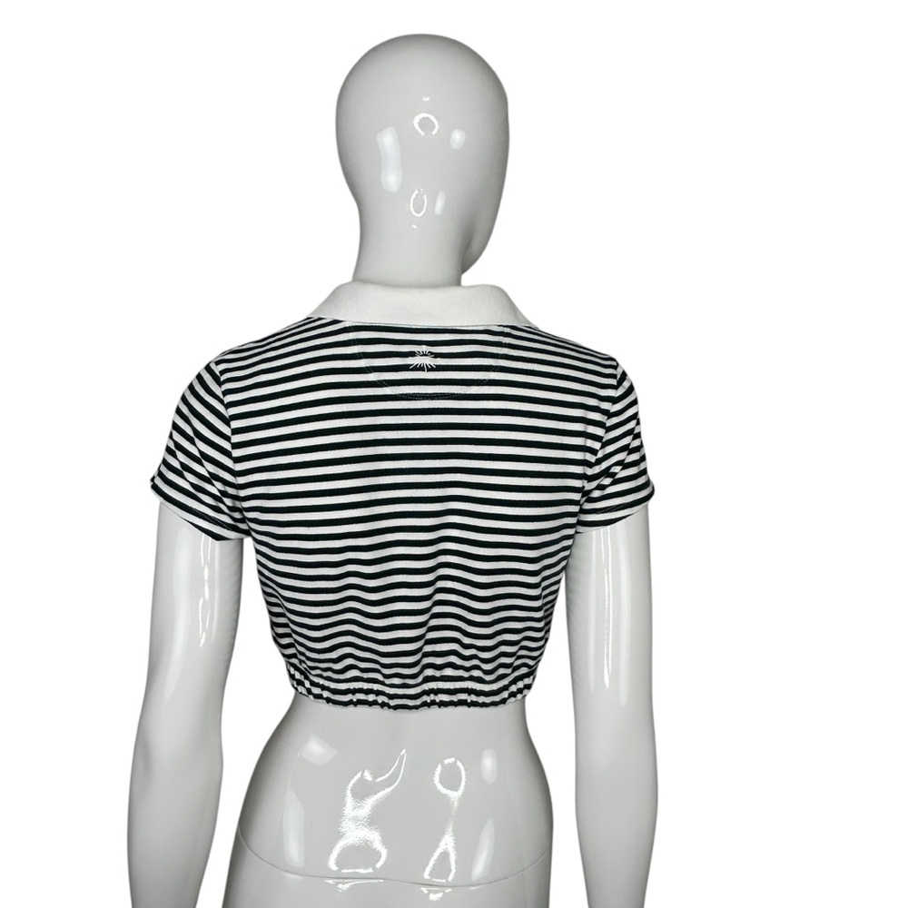 Aerie Offline Top Women's Cropped Polo S Green White Academia Striped Bubble Hem - Picture 4 of 16